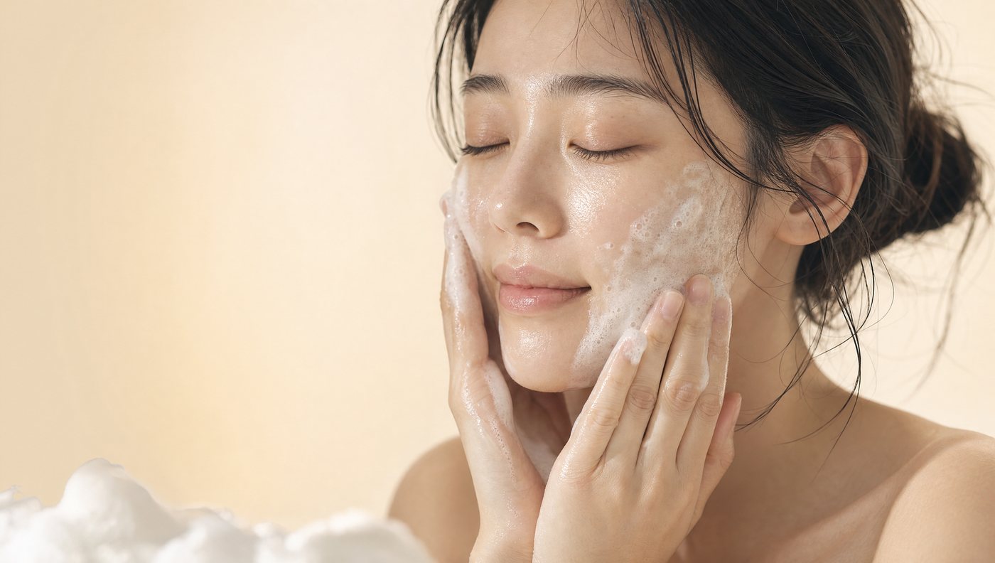 Cleansing foam massaged onto the face