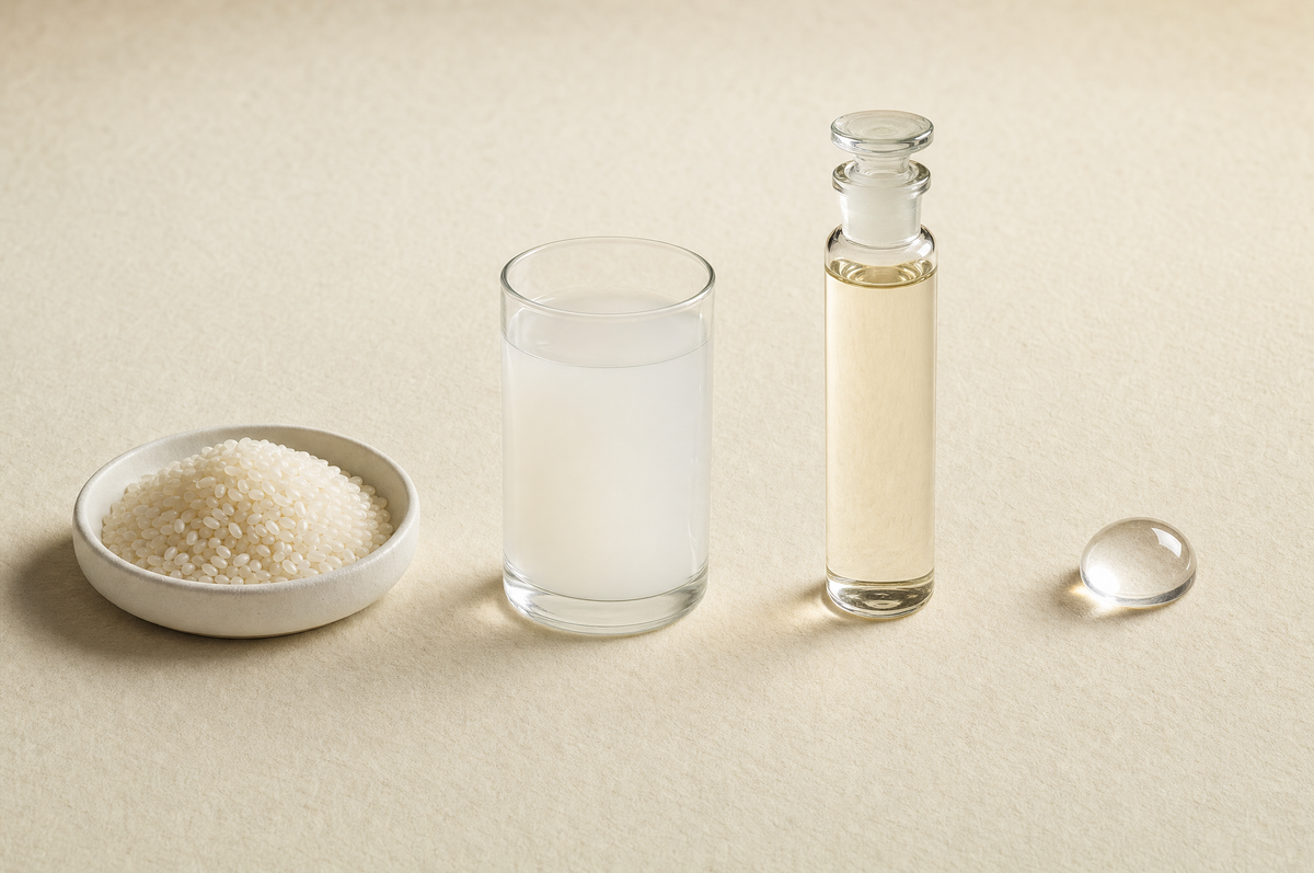 Del arroz a la esencia: arroz, agua de arroz, extracto y una gota de producto