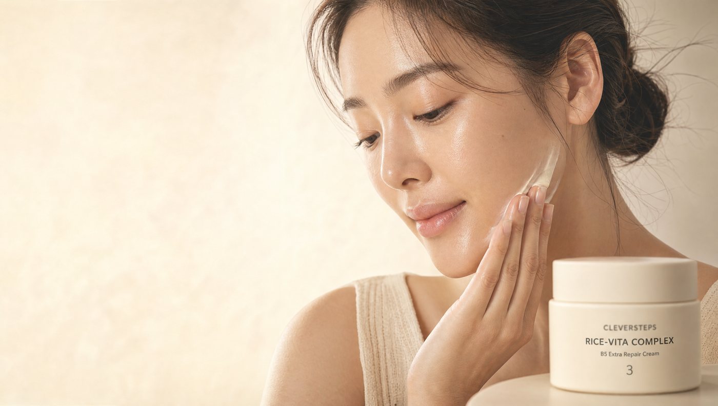 Cream smoothed along the jawline beside the jar