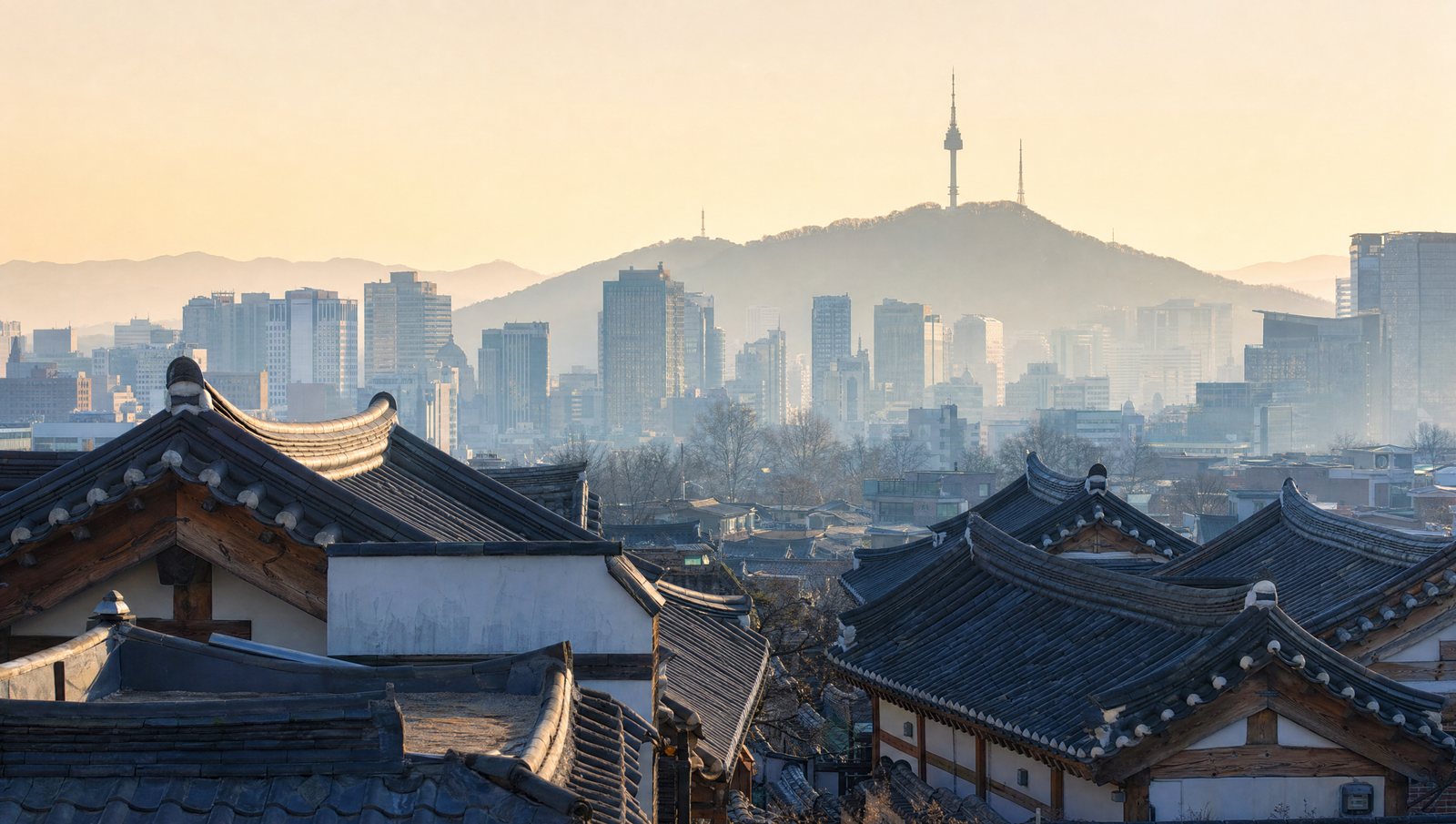 Seúl al amanecer: tejados de hanok con la ciudad y Namsan al fondo